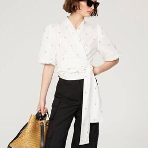 Munthe White Wrap Top SIZE 6 Puff Sleeves Romantic Cottage Cotton Designer $189